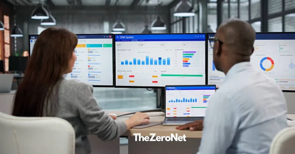 Two professionals reviewing clean CRM dashboard data after applying brand name normalization rules