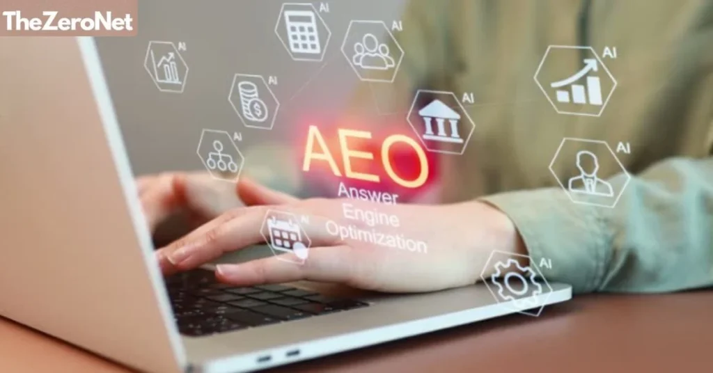 Person working on laptop with AEO Answer Engine Optimization digital icons overlay