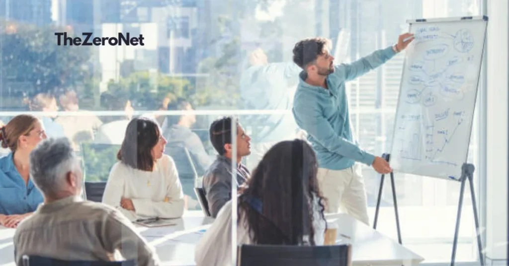 Business strategist presenting strategy framework to executive team in modern boardroom