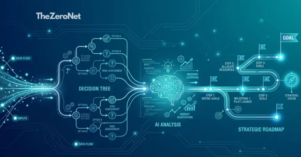 Business strategist using AI analysis and decision tree for strategic roadmap planning