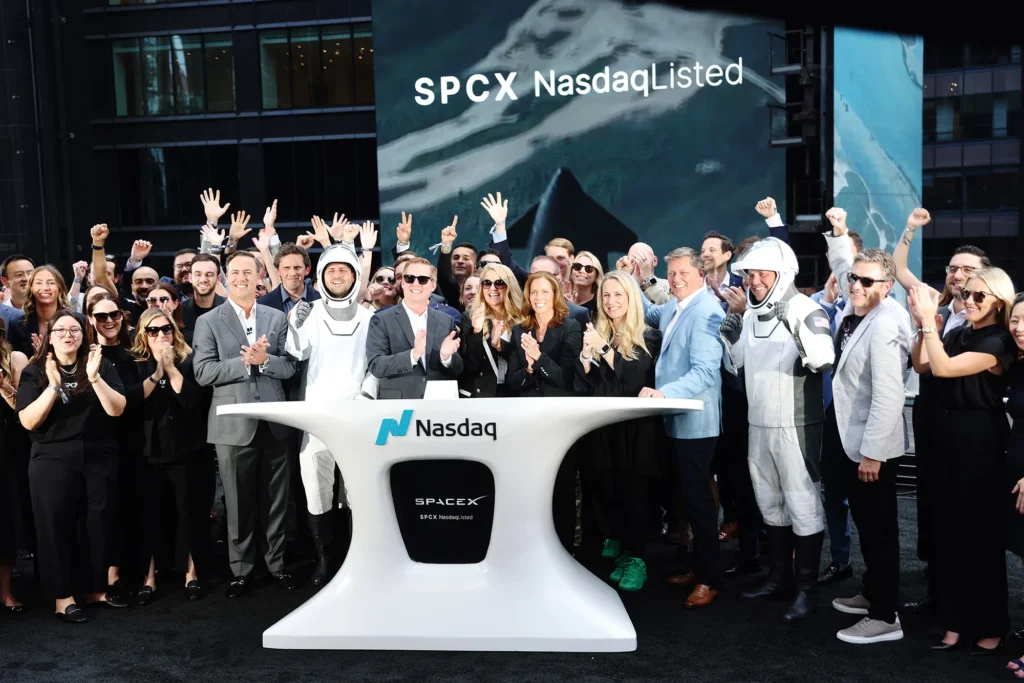 Nasdaq opening bell ceremony celebrating the SpaceX initial public offering under the ticker symbol SPCX.