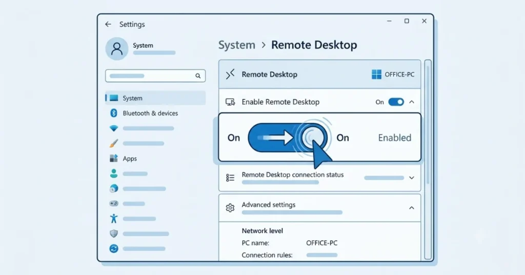 A clean vector editorial illustration of the Windows 11 settings menu showing the switch to enable Remote Desktop turned on.