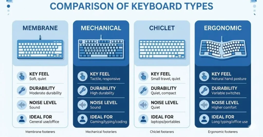 Infographic comparing four keyboard types — membrane, mechanical, chiclet, and ergonomic — showing key feel, durability, noise level, and ideal use cases