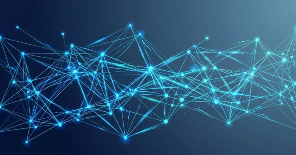 Abstract illustration of glowing network nodes and connection lines representing computer networking topology