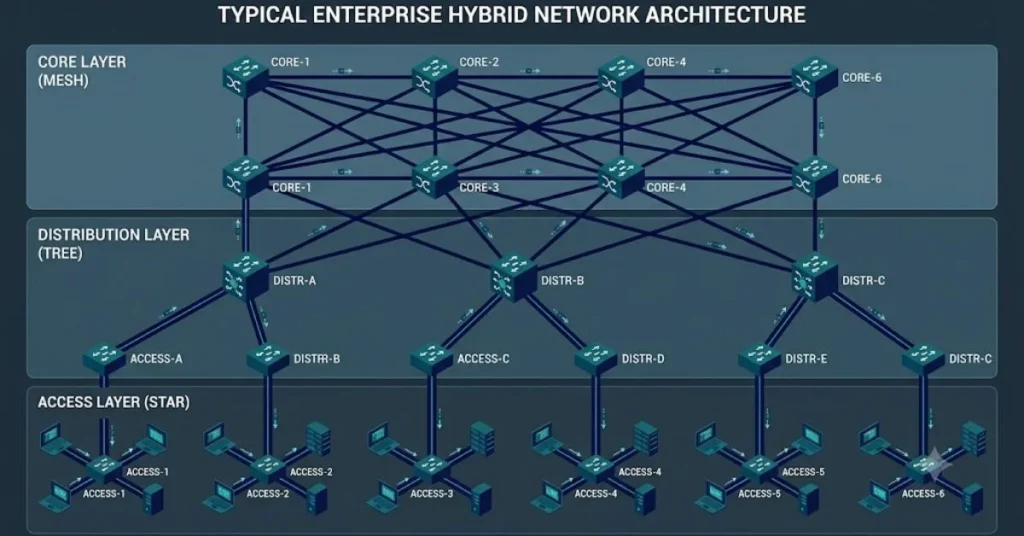 Enterprise hybrid network architecture diagram showing core mesh layer, distribution tree layer, and access star layer