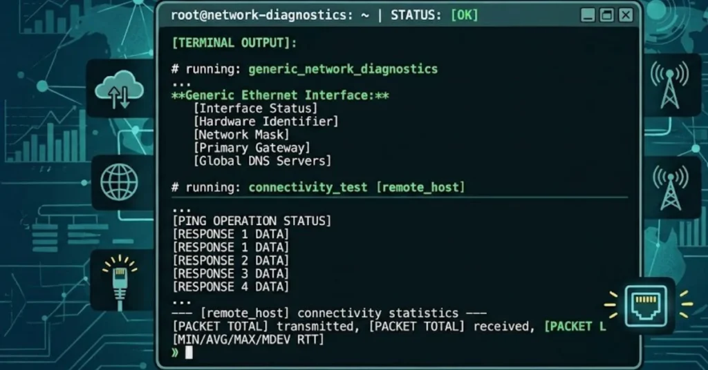 Network diagnostic terminal showing ipconfig and connectivity test commands on screen