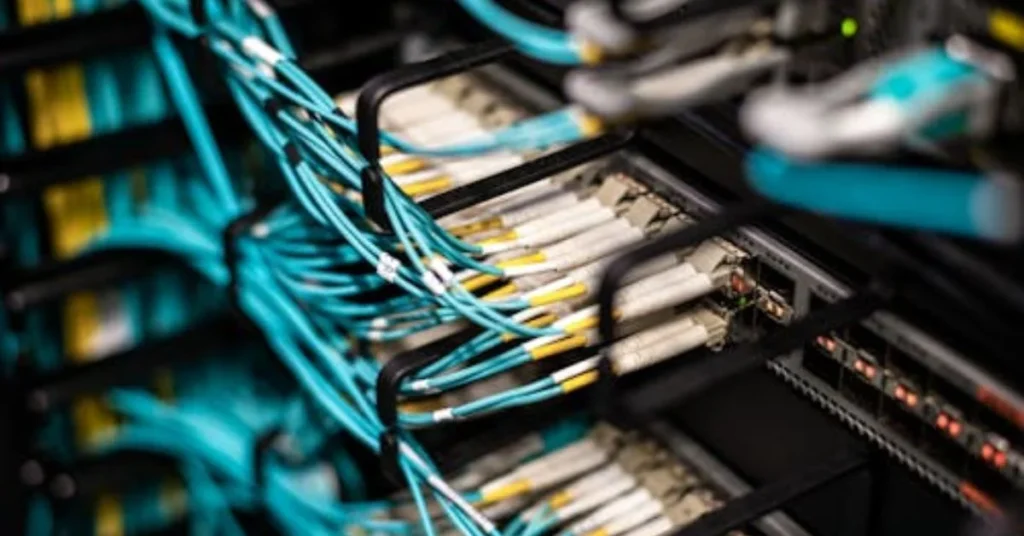 Fiber optic cables connected to patch panel in a server room representing physical network topology infrastructure