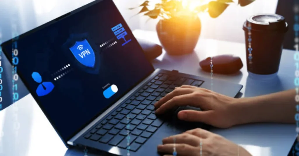 Close-up of a laptop screen displaying an active secure VPN connection indicator for remote work.
