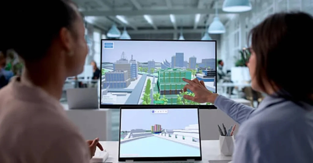 Two professionals reviewing a 3D digital twin city model on screen