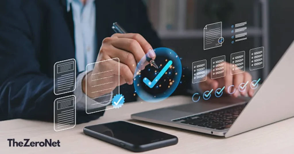 Business professional reviewing digital procurement checklist and approval documents on laptop with virtual interface